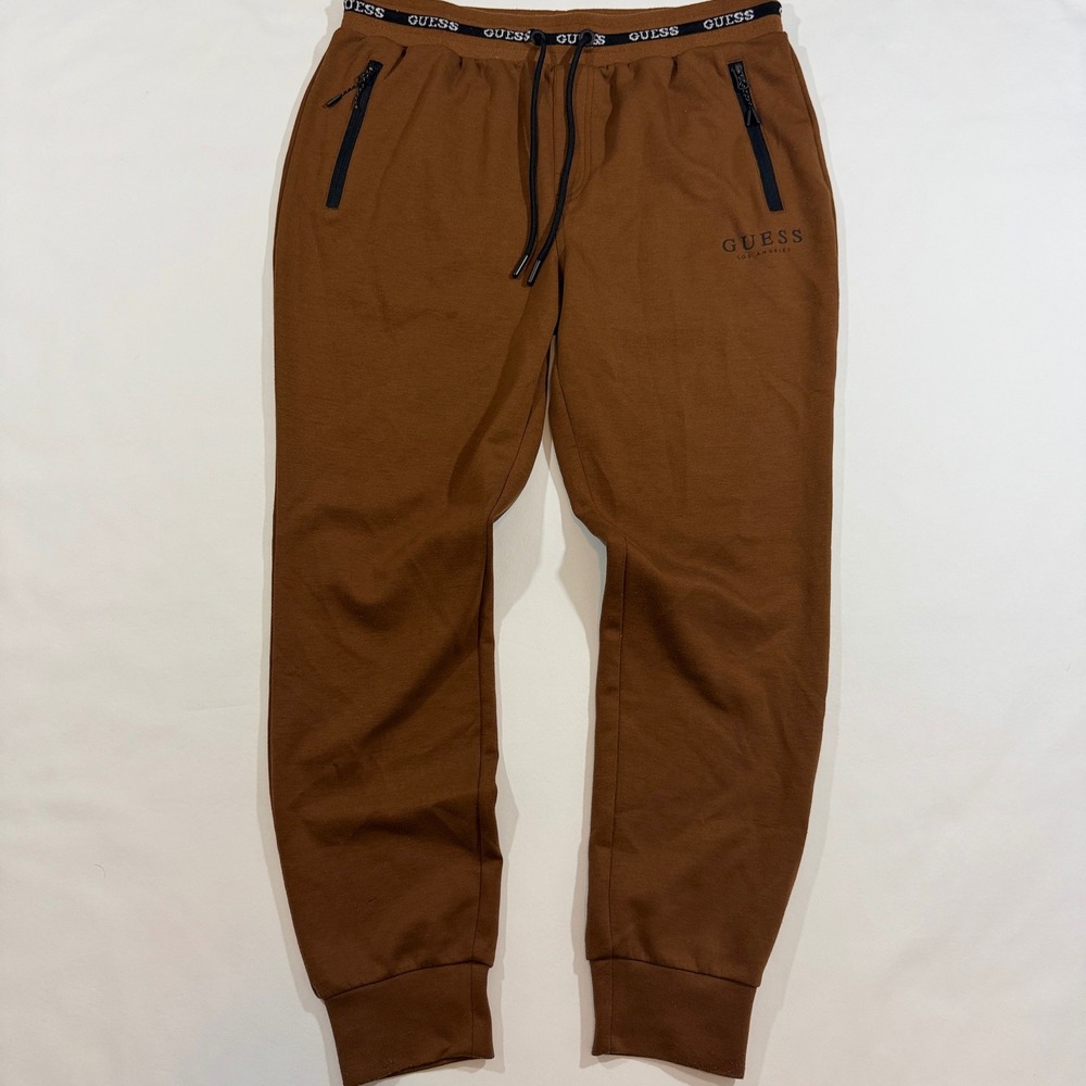 Guess Jogger Sweatpants Men Medium Brown Good Logo Zip Pockets X3RQ01 K6QY0